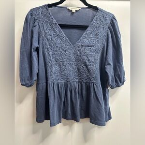 Lucky Brand Blue Embroidered Blouse
